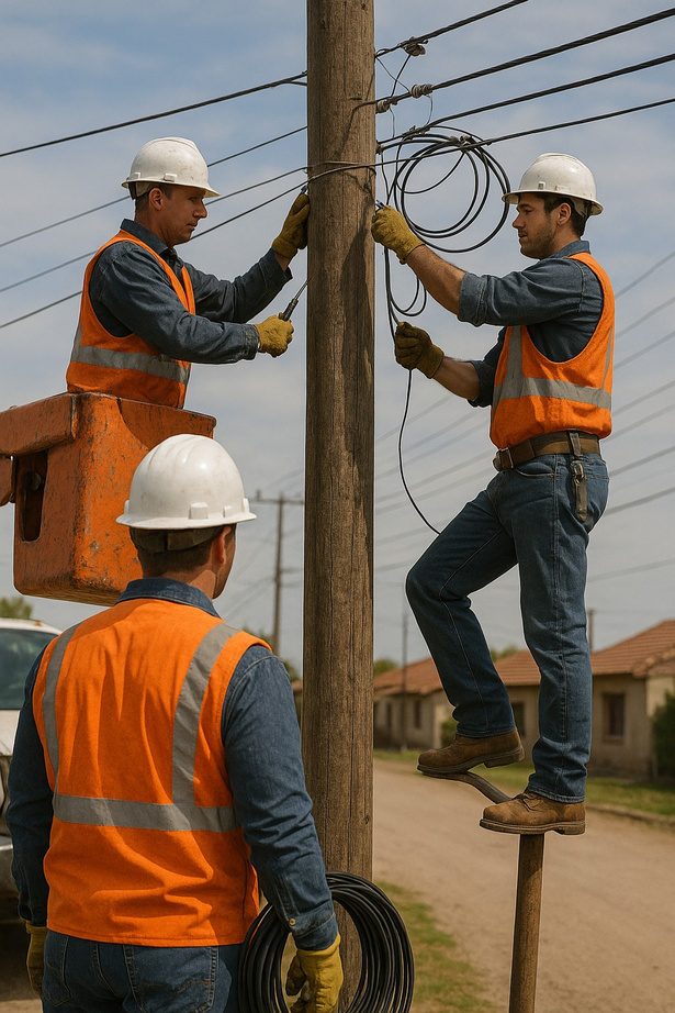 Técnicos de Electrofort Group trabajando en tendido de fibra óptica